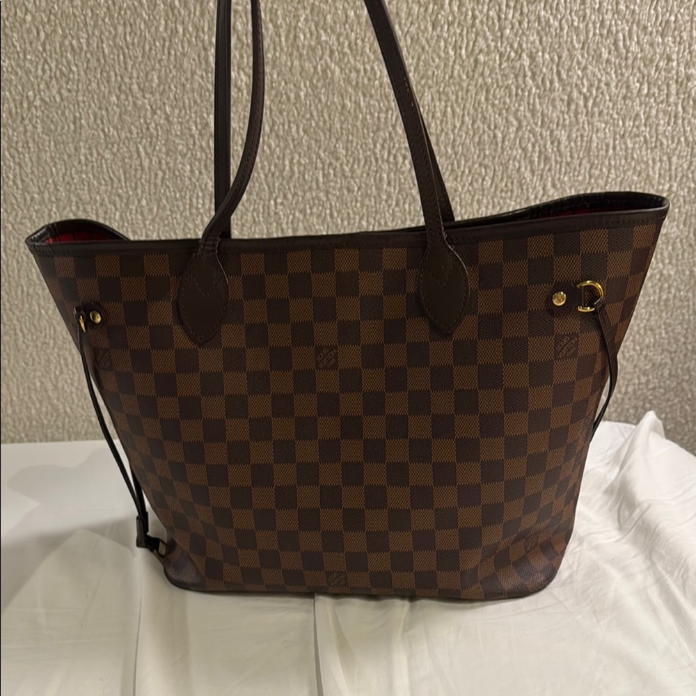 Louis Vuitton Brown Checkered Tote Bag with Leather Handles